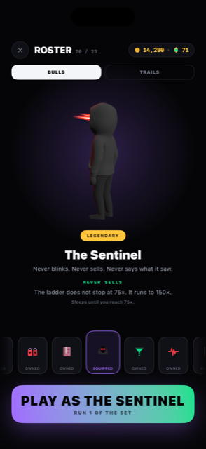 The roster screen showing The Sentinel, a legendary character, with its tagline and the NEVER SELLS edge.