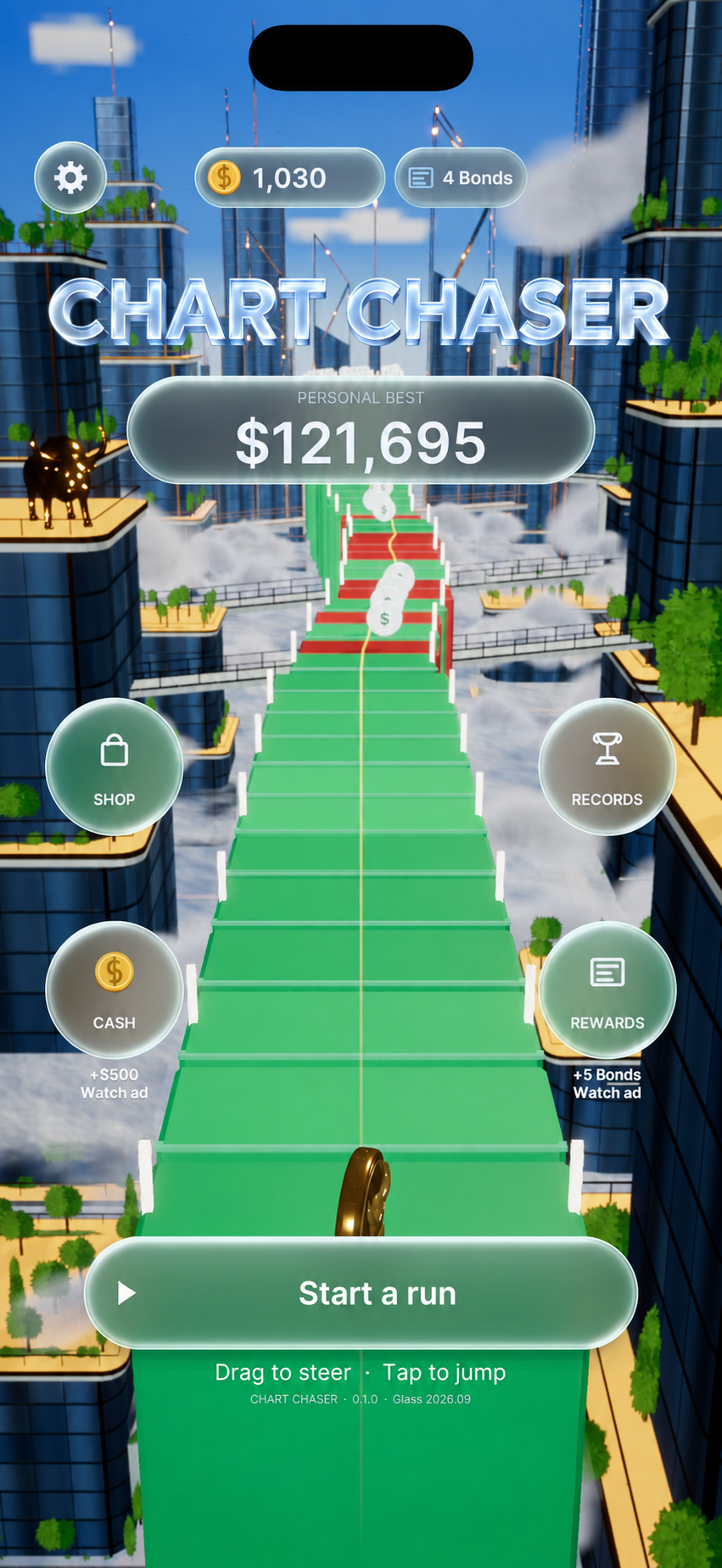 Recent Chart Chaser home screen showing its silver title, green chart track, city skyline, character shop and personal best.